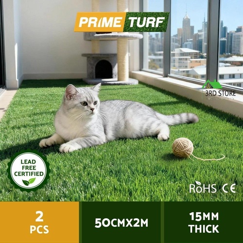 Prime Turf Artificial Grass Turf Rug Fake Grass 2 Rolls 15mm Height 50cm x 2m Indoor Outdoor Synthetic Grass Mat Carpet with Drainage Holes Plastic Pl