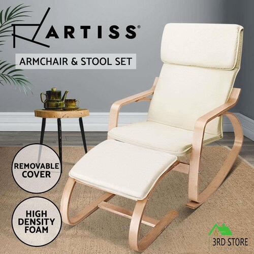 Artiss Bentwood Rocking Armchair Wooden Lounge Foot Stool Fabric Recliner Beige