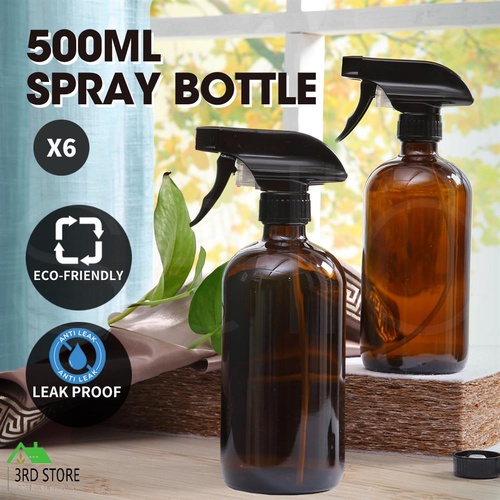 6x 500ML Round Amber Glass Spray Bottles Trigger Sprayer Aromatherapy Dispenser