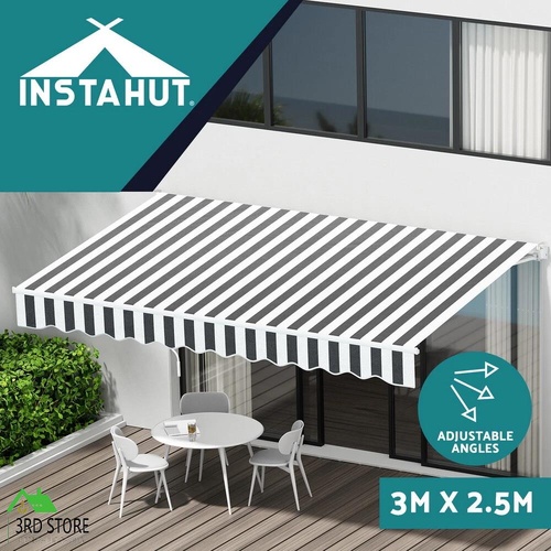 Instahut Retractable Folding Arm Awning Manual Sunshade 3Mx2.5M Grey White