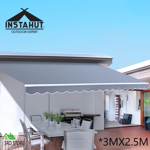 Instahut Retractable Folding Arm Awning Outdoor Sun Shade 3Mx2.5M PearlGrey