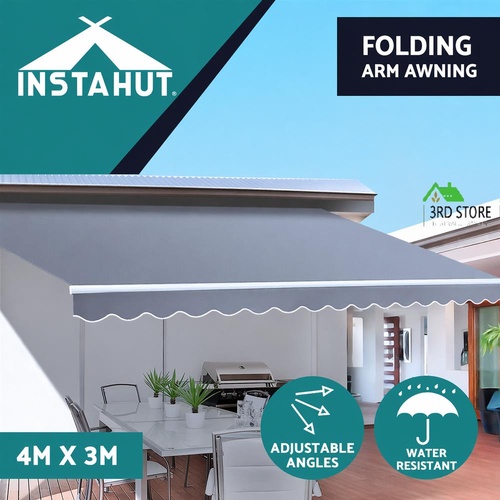 Instahut Retractable Folding Arm Awning Outdoor Sun Shade 4x3M Canopy PearlGrey