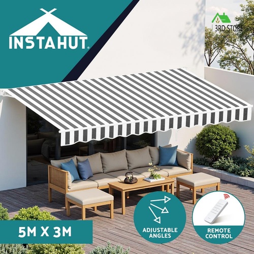 Instahut Retractable Folding Arm Awning Manual Sunshade 5Mx3M Grey White