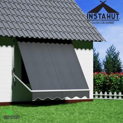 Instahut Retractable Fixed Pivot Arm Window Awning Outdoor Blinds 2.1X2.1M Grey
