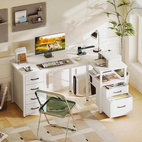 ODK L Shaped Computer Desk with 5 Fabric Drawers &1 Large File Drawer, Recessed