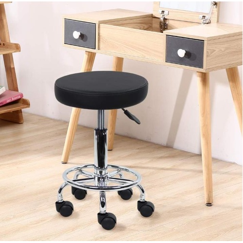 PU Leather round Rolling Stool with Foot Rest Swivel Height Adjustment Spa Draft