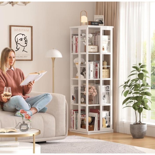 Bookshelf, Rotating 4-Tier Corner Bookcase - 360° Revolving Wood Display Shelf