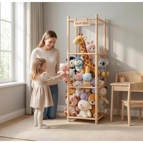 Stuffed Animal Storage & Organizer, Wooden Cute Zoo Toy Holder for Toddler Rooms