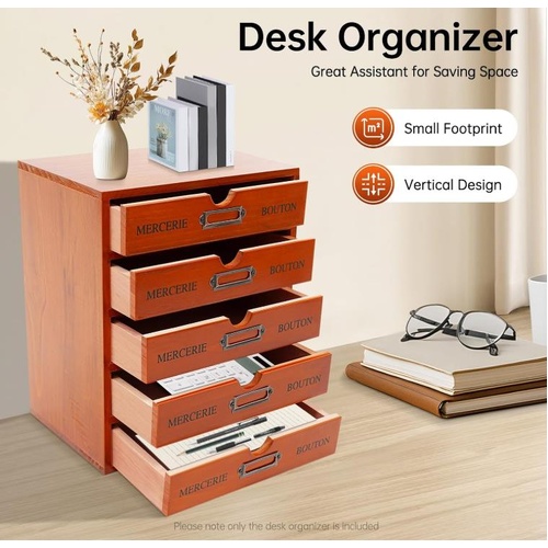 5 Drawer Desk Vintage Wooden Storage Box Rustic Shelf For Home Office Desk New