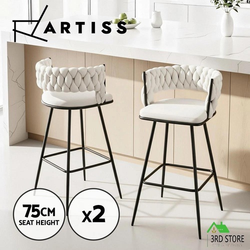 Artiss 2x Bar Stools Kitchen Dining Chair Counter Stool Woven Velvet Metal Ivory
