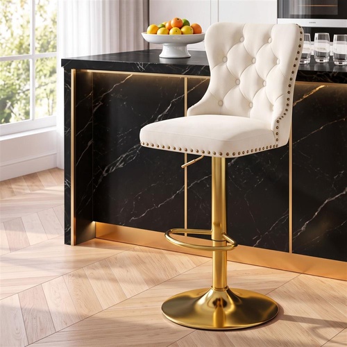 Artiss 1x Bar Stool Counter Chair Kitchen Adjustable Nailhead Trim Velvet Ivory