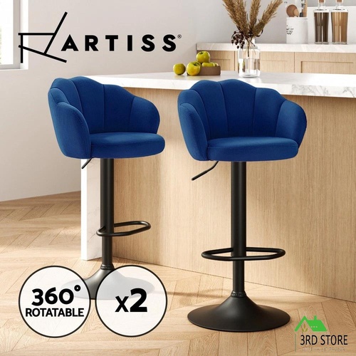 Artiss Set of 2 Bar Stools Kitchen Stool Swivel Chair Gas Lift Velvet Chairs Blue Nessah