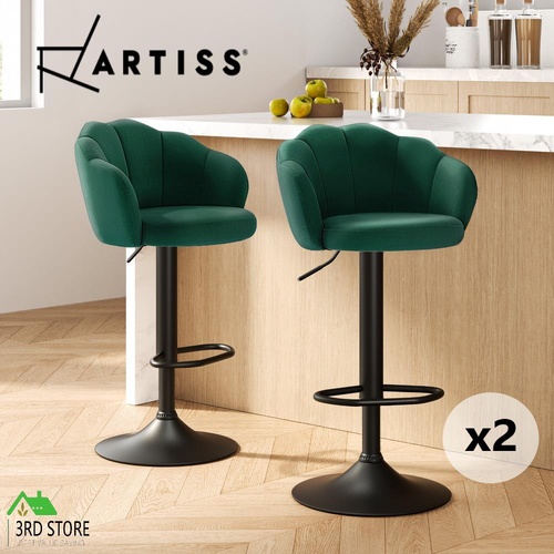 Artiss Set of 2 Bar Stools Kitchen Stool Swivel Chair Gas Lift Velvet Chairs Green Nessah