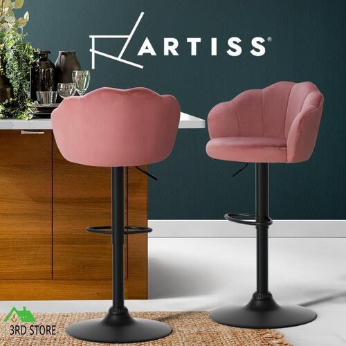 Artiss Set of 2 Bar Stools Kitchen Stool Swivel Chair Gas Lift Velvet Chairs Pink Nessah