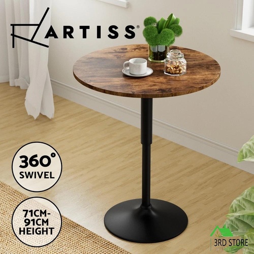 Artiss Height Adjustable Bar Table 360 Swivel Round Gaslift Design 60cm Rustic Brown Black