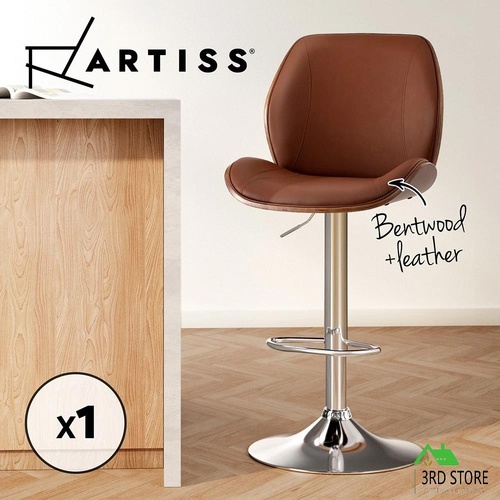 Artiss 1X Bar Stool Bentwood Swivel Adjustable Kitchen Dining Counter Stool Leather Brown