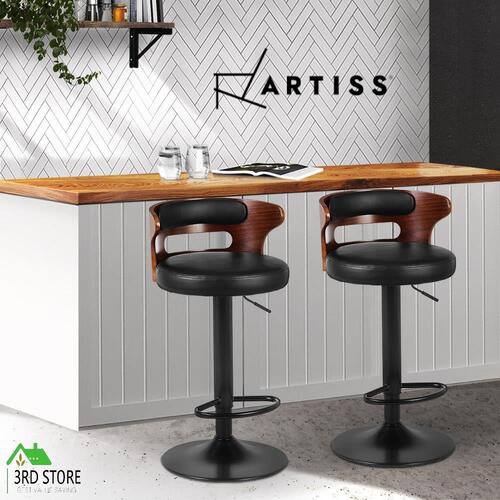 Artiss Set of 2 Bar Stools Kitchen Wooden Gas Lift Leather Stool Metal Black Barstools