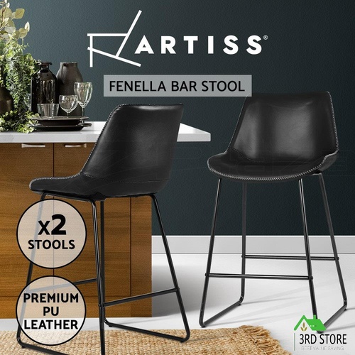 Artiss Set of 2 Bar Stools Kitchen Metal Bar Stool Dining Chairs PU Leather Black