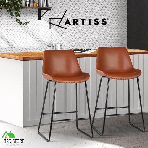 Artiss Set of 2 Bar Stools Kitchen Metal Bar Stool Dining Chairs PU Leather Brown