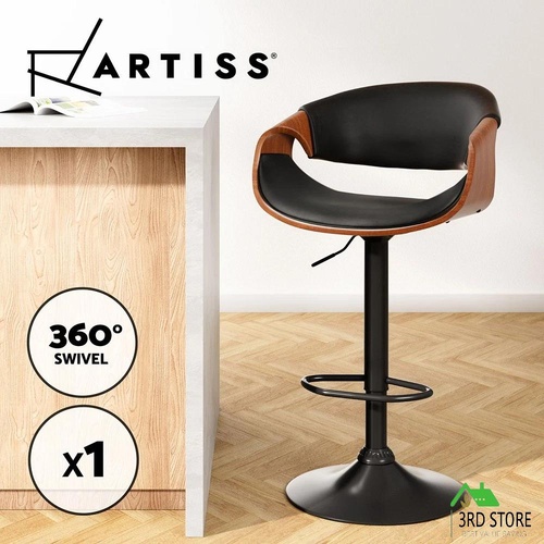 Artiss Bar Stools Swivel Chair Kitchen Gas Lift Wooden Bar Stool Leather Black