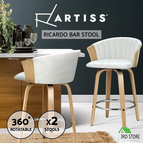 Artiss Bar Stools Kitchen Stool Wooden Chair Swivel Chairs Leather White x2