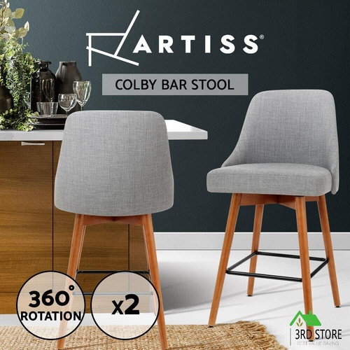 Artiss 2x Wooden Bar Stools Swivel Bar Stool Kitchen Dining Chairs Cafe Grey