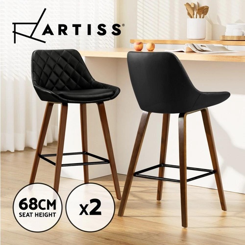 RETURNs Artiss 2x Kitchen Bar Stools Wooden Stool Chairs Bentwood Barstool Leather Black
