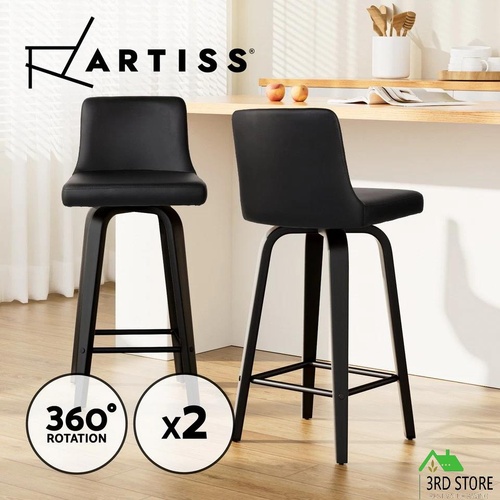 Artiss 2x Bar Stools Swivel Kitchen Bar Stool Wooden Leather Chairs Black