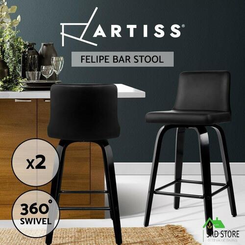 Artiss 2x Bar Stools Swivel Kitchen Bar Stool Wooden Leather Chairs Black