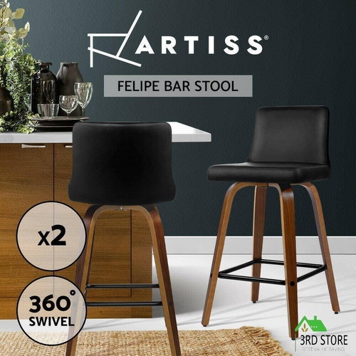 Artiss 2x Kitchen Wooden Bar Stools Swivel Bar Stool Chairs Leather Luxury Black