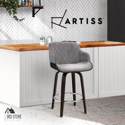 Artiss 1x Kitchen Bar Stools Wooden Bar Stool Chairs Swivel Velvet Fabric Grey
