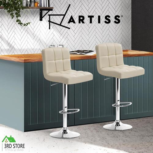 Artiss 2x Leather Bar Stools NOEL Kitchen Chairs Swivel Bar Stool Gas Lift Beige