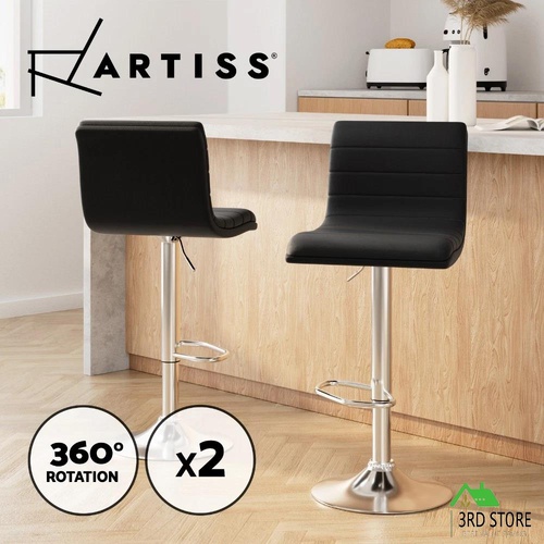 Artiss 2 x Gas Lift Bar Stools Swivel Bar Stool Kitchen Chairs Leather Black