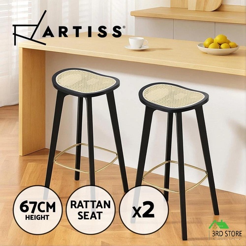 Artiss 2x Bar Stools Rattan Counter Kitchen Dinning Chair Bamboo Saddle Black