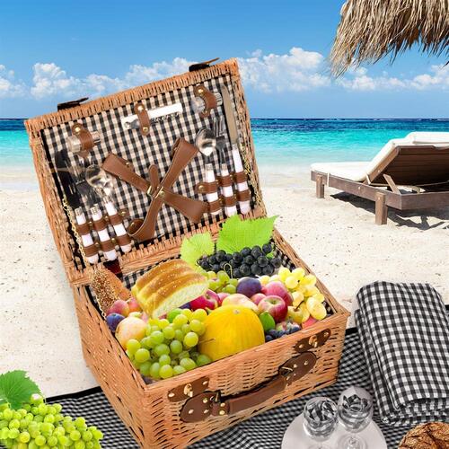 4 Person Picnic Basket Baskets Set Outdoor Blanket Deluxe Willow Gift Storage