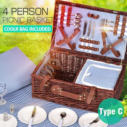 Deluxe 4 Person Picnic Basket Baskets Set Outdoor Corporate Blanket Park Trip