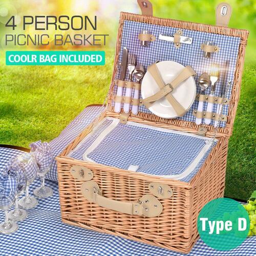 Picnic Basket 4 Person Insulated Baskets Set Wicker Outdoor Blanket Gift Park