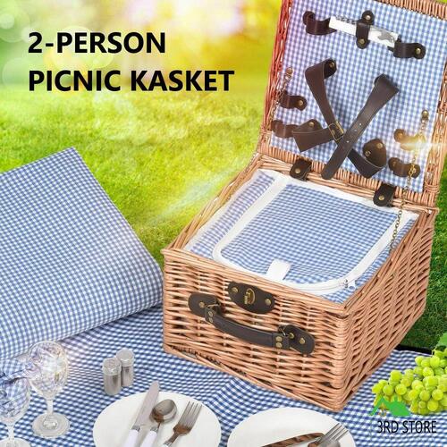 Deluxe 2 Person Picnic Basket Wicker Baskets Set Insulated Outdoor Blanket Gift