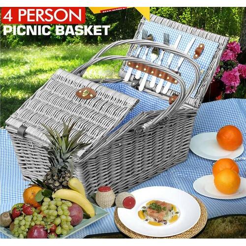 4 Person Picnic Basket Baskets Set Outdoor Blanket Willow Deluxe Folding Handle