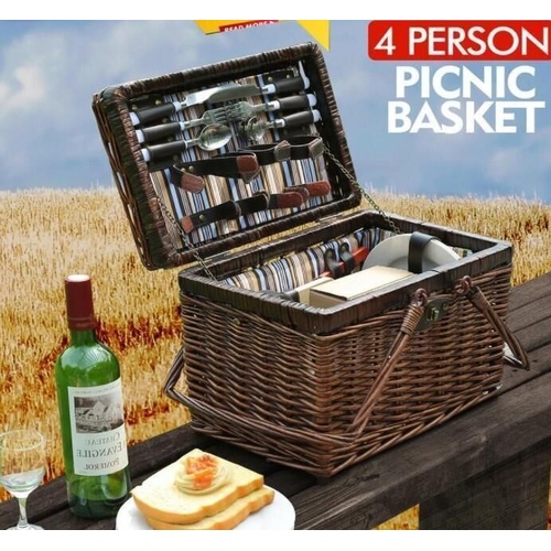 4 Person Picnic Basket Set Outdoor Baskets Deluxe Willow Gift Storage Carry Trip