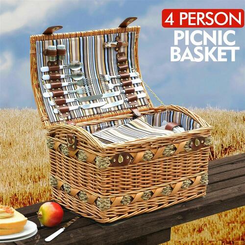 Picnic Basket 4 Person Insulated Baskets Set Wicker Outdoor Blanket Gift Park
