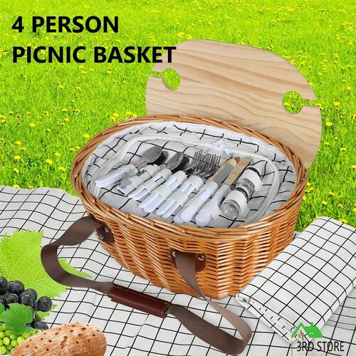 Picnic Basket Set Willow Baskets Outdoor Storage Foldable Insulated Bag 4Person