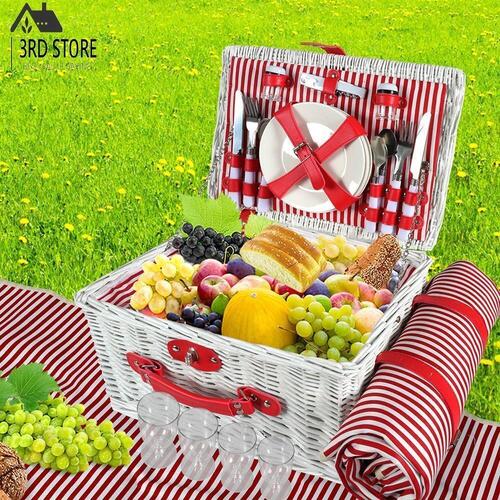 Picnic Basket Set Baskets 4 Person Wicker Outdoor Insulated Cooler Bag Blanket