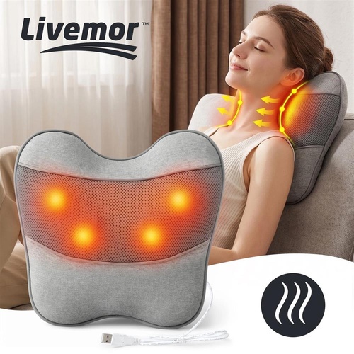 Livemor Back Massager USB Neck Shoulder Massage Pillow Heat Lumbar Support Grey