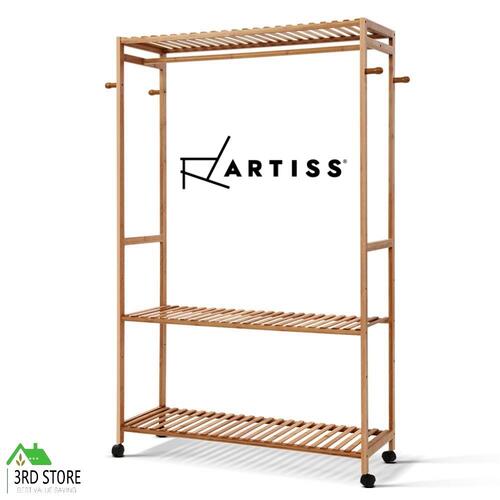 Artiss Clothes Rack Bamboo Garment Coat Hanger Rolling Stand Shoes Storage Shelf