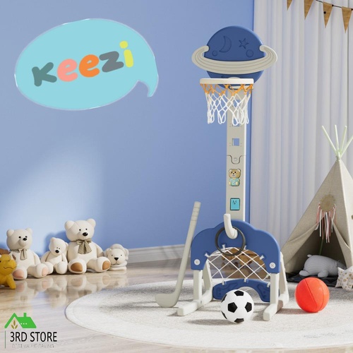 Keezi Kids Basketball Hoop Stand Adjustable 6-in-1 Sports Center Toys Set Blue