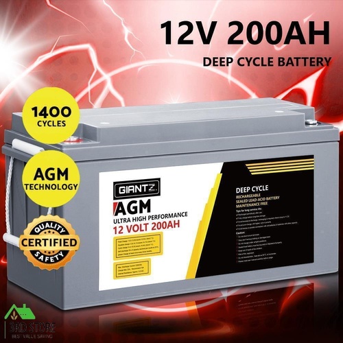 Giantz AGM Deep Cycle Battery 12V 200Ah Portable 4WD Sealed Marine Solar Slim