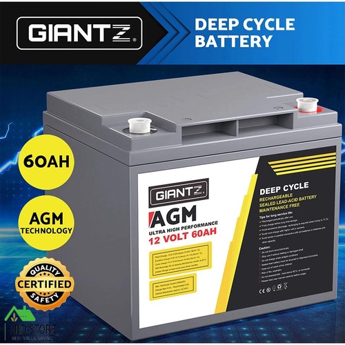Giantz AGM Battery 12V 60Ah Deep Cycle Box Portable Solar Caravan Camping