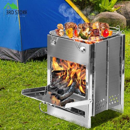 Camp Stove Folding Wood BBQ Grill Stainless Steel Portable Outdoor Camping Large
