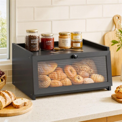 Artiss Bamboo Bread Box Kitchen Countertop Storage Clear Window Shelf 40cm Black